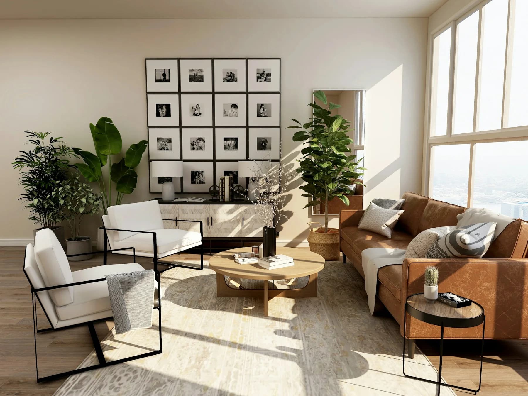 Bright neutral living room with freshly styled walls, a sofa, and natural light